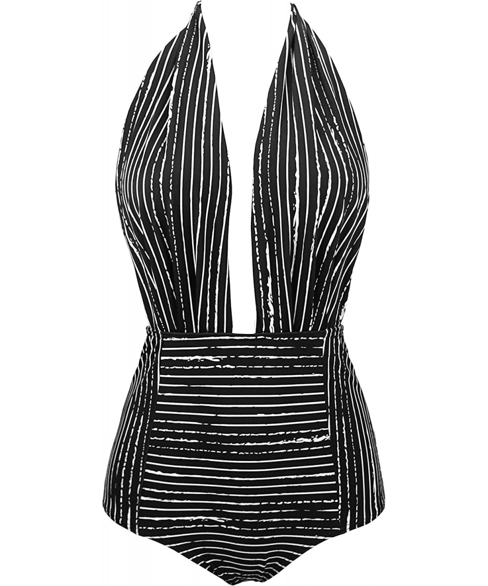 Retro One Piece Backless Bather Swimsuit High Waisted Pin Up Swimwear(FBA) - Black Stripe - CQ18AHDCSSM $24.19-One-Pieces