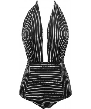 Retro One Piece Backless Bather Swimsuit High Waisted Pin Up Swimwear(FBA) - Black Stripe - CQ18AHDCSSM $24.19-One-Pieces