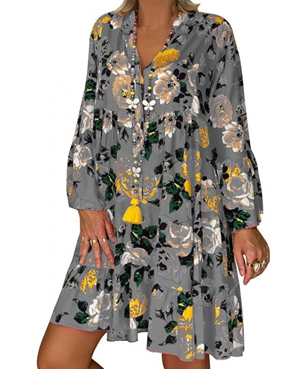 Women 3/4 Sleeve Long Loose Dress- Summer Floral Daily Party Vacation Beach Comfy Plus Size Maxi Dresses - Gray - CL193YYGLHR...