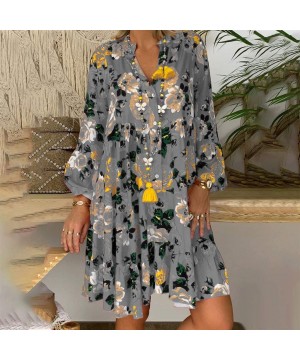 Women 3/4 Sleeve Long Loose Dress- Summer Floral Daily Party Vacation Beach Comfy Plus Size Maxi Dresses - Gray - CL193YYGLHR...