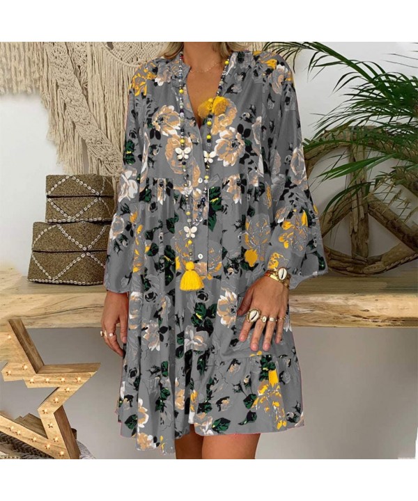 Women 3/4 Sleeve Long Loose Dress- Summer Floral Daily Party Vacation Beach Comfy Plus Size Maxi Dresses - Gray - CL193YYGLHR...