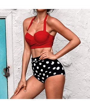 Women's High Waist Bikini Swimwear Women's Vintage Print Beachwear Bikini Set Swimwear - Red - CX18SAGQ3XR $15.71-Sets