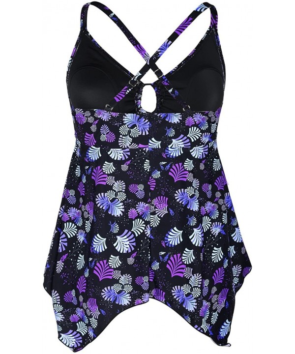 Women's Front Tie Swim Top Cross Back Tankini Top Flowy Swimdress Tummy Control - Purple Floral - CH185RI38S4 $25.58-Tankinis