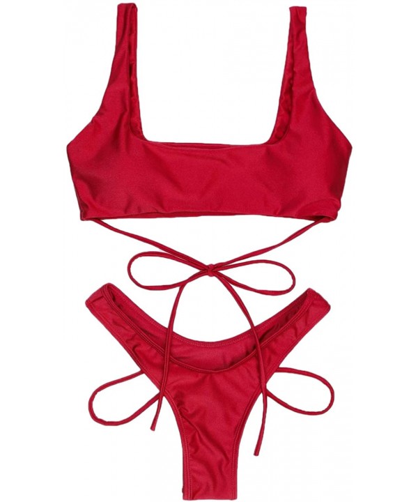 Women's Strappy Bikini Top High Rise Thong Cut Cheeky Bottoms 2PCS Swimsuit - Red - CY18EYN36CT $21.98-Sets