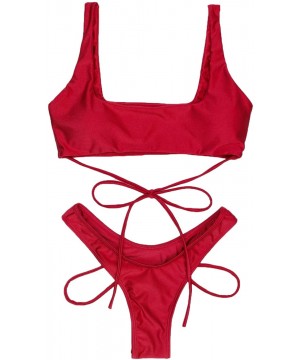 Women's Strappy Bikini Top High Rise Thong Cut Cheeky Bottoms 2PCS Swimsuit - Red - CY18EYN36CT $21.98-Sets