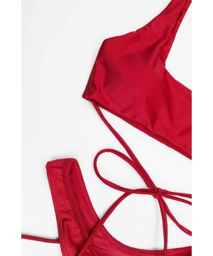 Women's Strappy Bikini Top High Rise Thong Cut Cheeky Bottoms 2PCS Swimsuit - Red - CY18EYN36CT $21.98-Sets