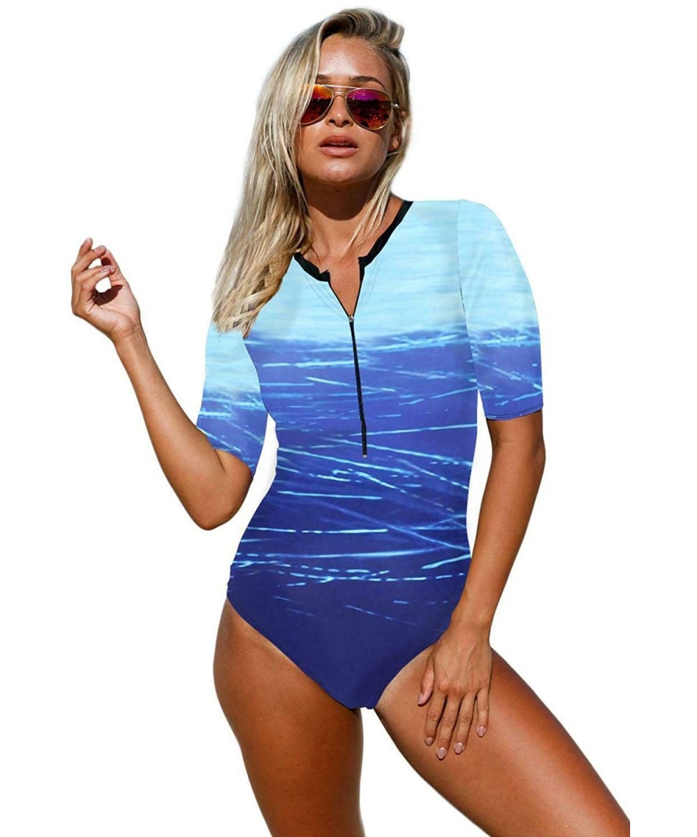 Women Misses Zip Front Short Sleeve Swimwear Rash Guard One Piece Scuba Swimsuit - Blue Wave - C7195EA03OE $30.64-One-Pieces