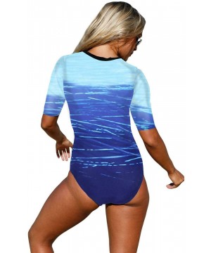 Women Misses Zip Front Short Sleeve Swimwear Rash Guard One Piece Scuba Swimsuit - Blue Wave - C7195EA03OE $30.64-One-Pieces