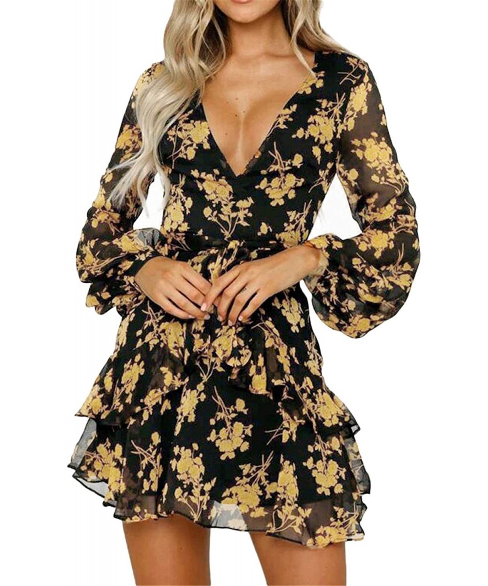 Beach Dresses Women Summer Sexy Long Sleeve V Neck Boho Floral Lace Cover Up Loose See Through Mini Sundress Yellow - C81955R...