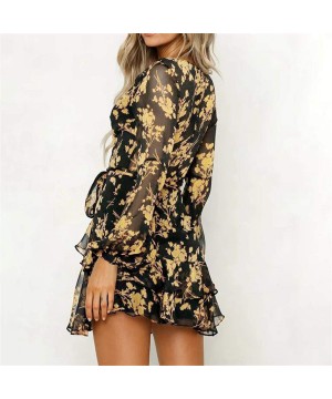 Beach Dresses Women Summer Sexy Long Sleeve V Neck Boho Floral Lace Cover Up Loose See Through Mini Sundress Yellow - C81955R...