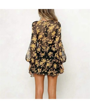 Beach Dresses Women Summer Sexy Long Sleeve V Neck Boho Floral Lace Cover Up Loose See Through Mini Sundress Yellow - C81955R...