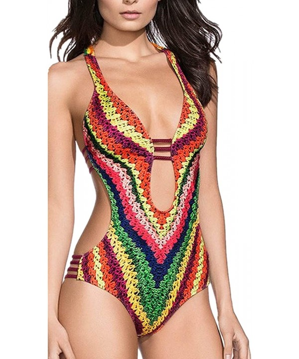 Bikini Swimsuit for Women Sexy Colorful Texture Printing Bandage One Piece Monokini Push Up Padded Bra Swimwear - Multi Color...