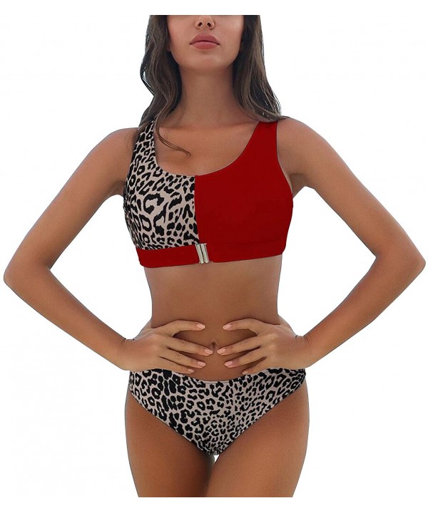 Women's Leopard Bikini Set Padded Tank Top Buckle Front Low Back Two Piece Swimsuit - Red - CX1998AOC9E $21.07-Tankinis