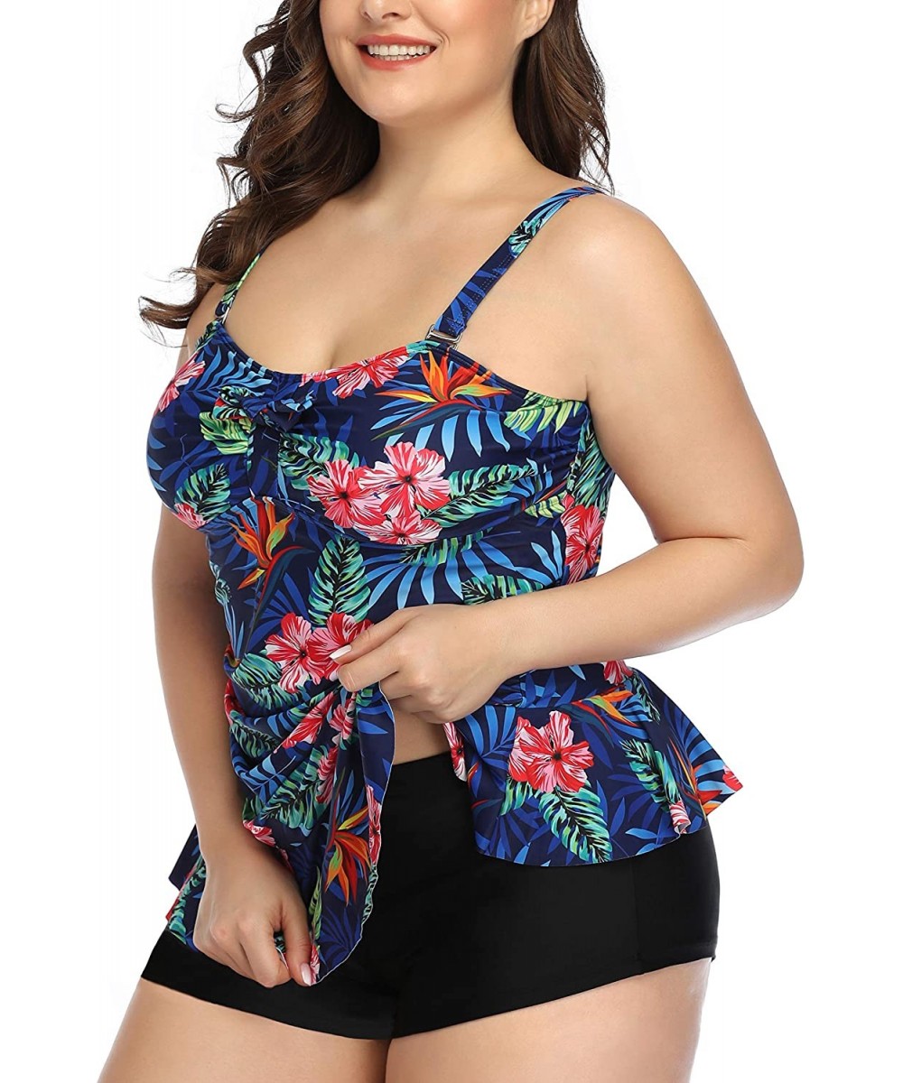 Peplum Tankini Swimsuits for Women Plus Size Bathing Suits Tummy Control Two Piece Swimwear with Shorts - Blue - C718XOIW5WH ...