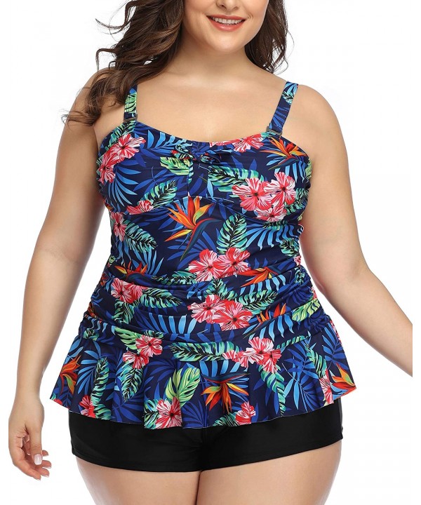 Peplum Tankini Swimsuits for Women Plus Size Bathing Suits Tummy Control Two Piece Swimwear with Shorts - Blue - C718XOIW5WH ...