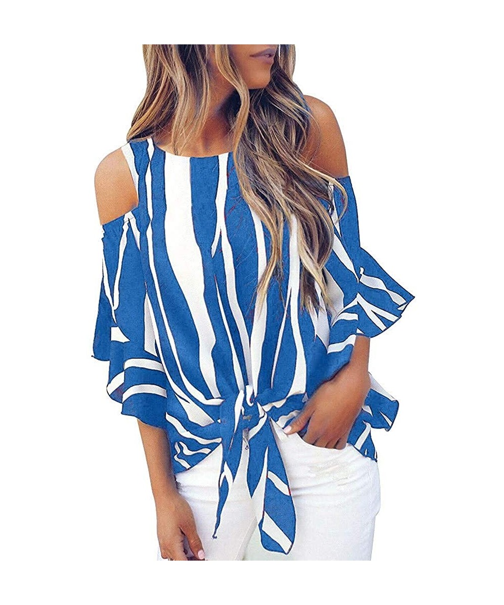 Off Shoulder Blouses for Womens- Floral Stripe Bell Sleeve Baggy Tie Knot Tops Casual Shirts - 1 Blue - CF18UWNLU6Z $10.75-Ra...