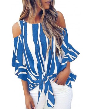 Off Shoulder Blouses for Womens- Floral Stripe Bell Sleeve Baggy Tie Knot Tops Casual Shirts - 1 Blue - CF18UWNLU6Z $10.75-Ra...