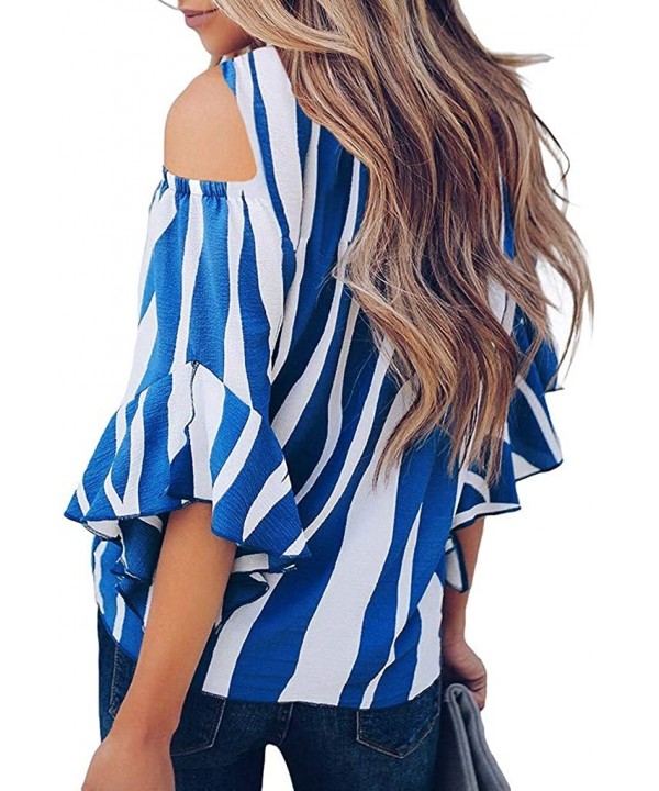 Off Shoulder Blouses for Womens- Floral Stripe Bell Sleeve Baggy Tie Knot Tops Casual Shirts - 1 Blue - CF18UWNLU6Z $10.75-Ra...