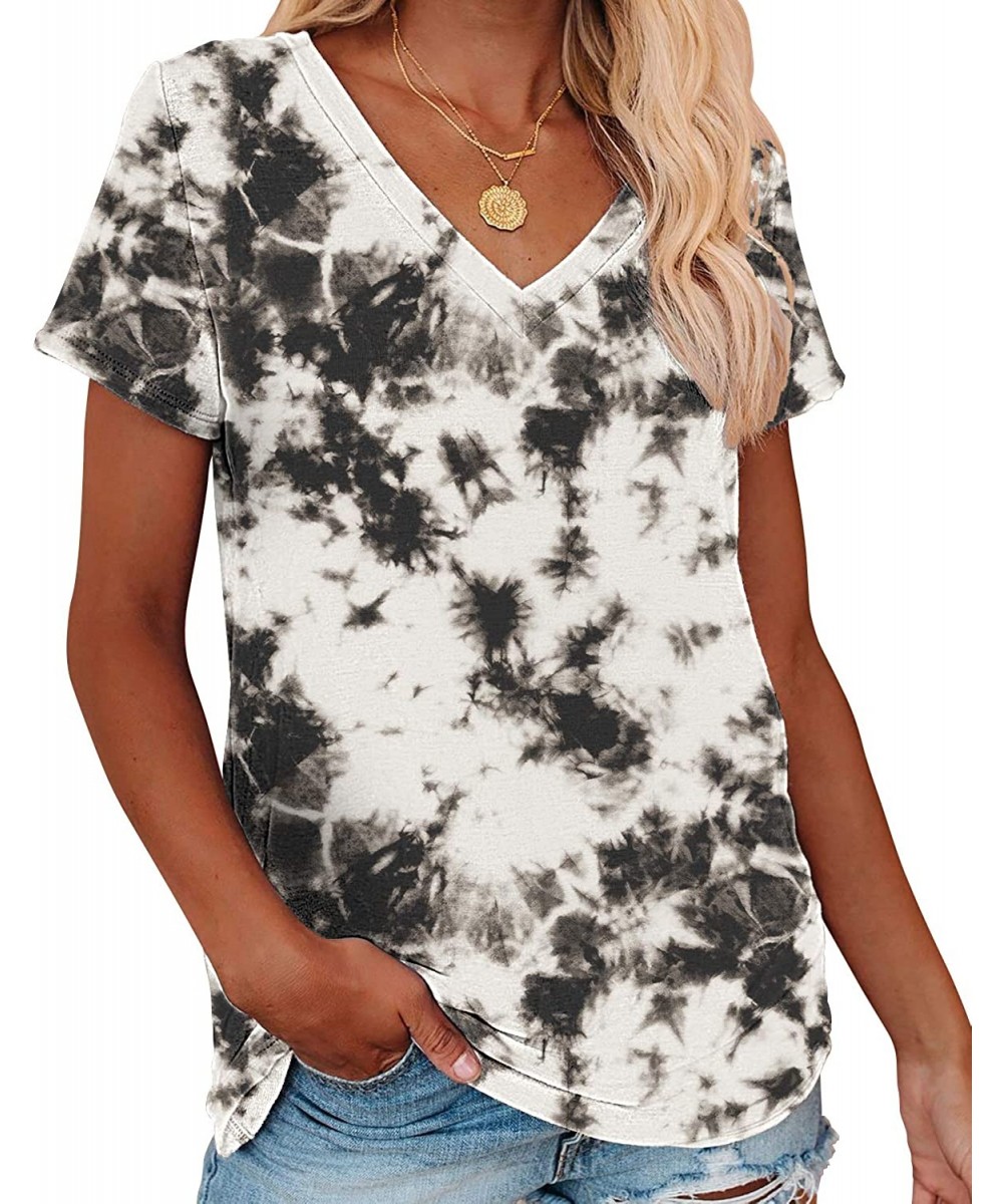 Womens Tie Dye Tunic Summer Short Sleeve Tops Casual Blouses V Neck Basic Tee Shirts - F-33 - C2196D4N4Q7 $15.62-Sets