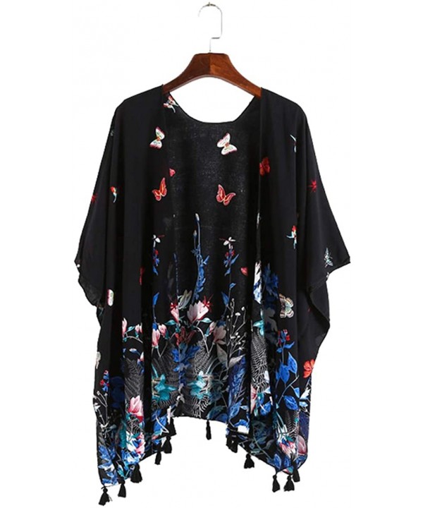 Chiffon Beach Wrap Butterflies Print Summer Cardigan Beach Cover Up - Black - CJ18QRHYIS7 $9.26-Cover-Ups