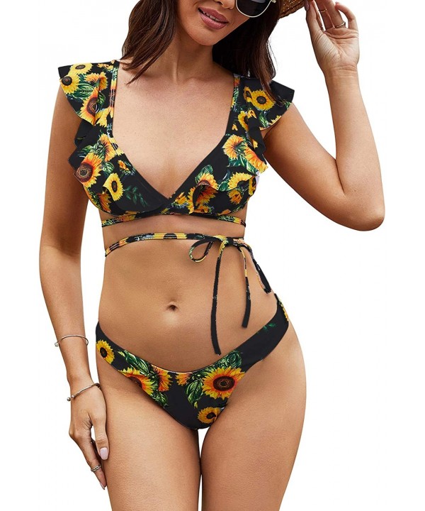 Women's Ruffle Two Piece High Waisted Swimsuits Push Up Tropical Print Bikini Sets - B Black - C8195ET38CC $13.27-Sets