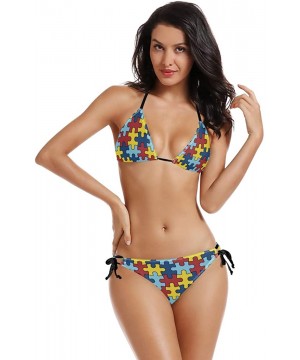 Color Plaid Print Womens Two Piece Swimsuits Tie Side Bottom Triangle Thong Padded Top Bikini Set Autism Awareness - CH1906MN...