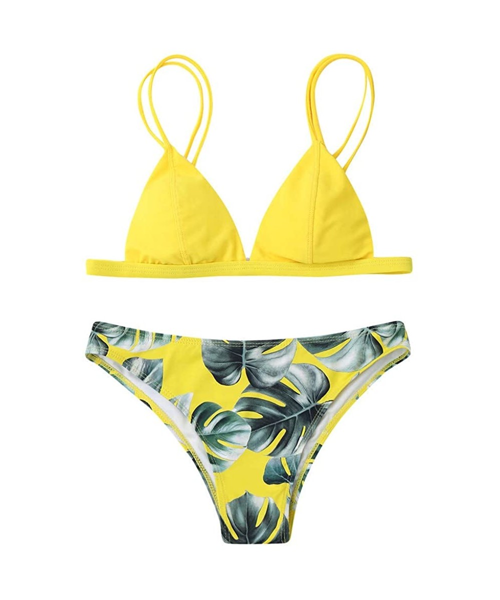 Women Swimwear Bikini Set Print Leaves Push-Up Padded Bathing Swimsuit Beachwear 2019 - Yellow - CM18RTTZH8K $14.41-Sets