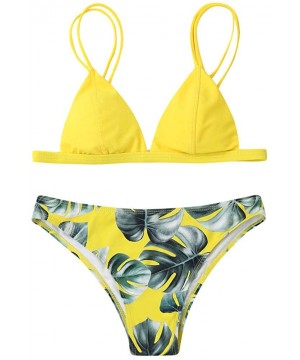 Women Swimwear Bikini Set Print Leaves Push-Up Padded Bathing Swimsuit Beachwear 2019 - Yellow - CM18RTTZH8K $14.41-Sets