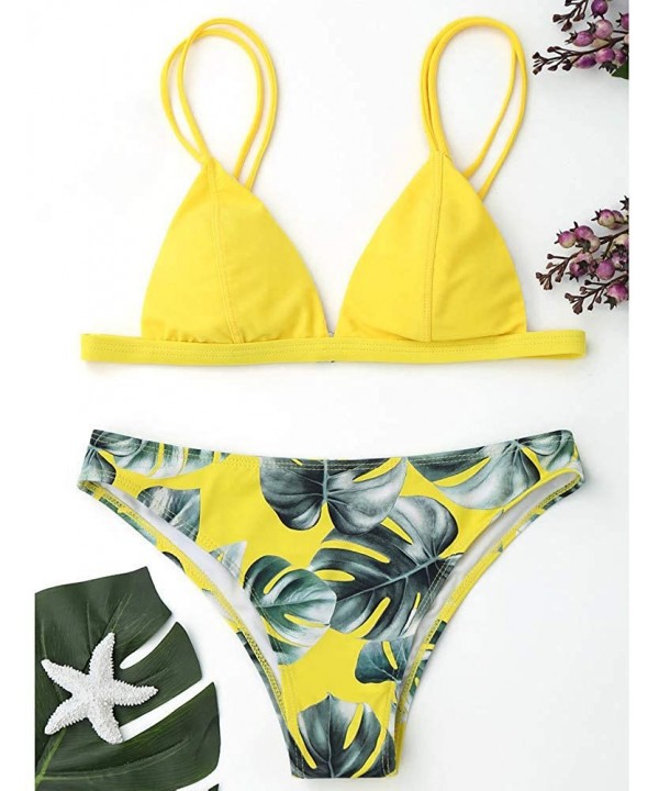 Women Swimwear Bikini Set Print Leaves Push-Up Padded Bathing Swimsuit Beachwear 2019 - Yellow - CM18RTTZH8K $14.41-Sets