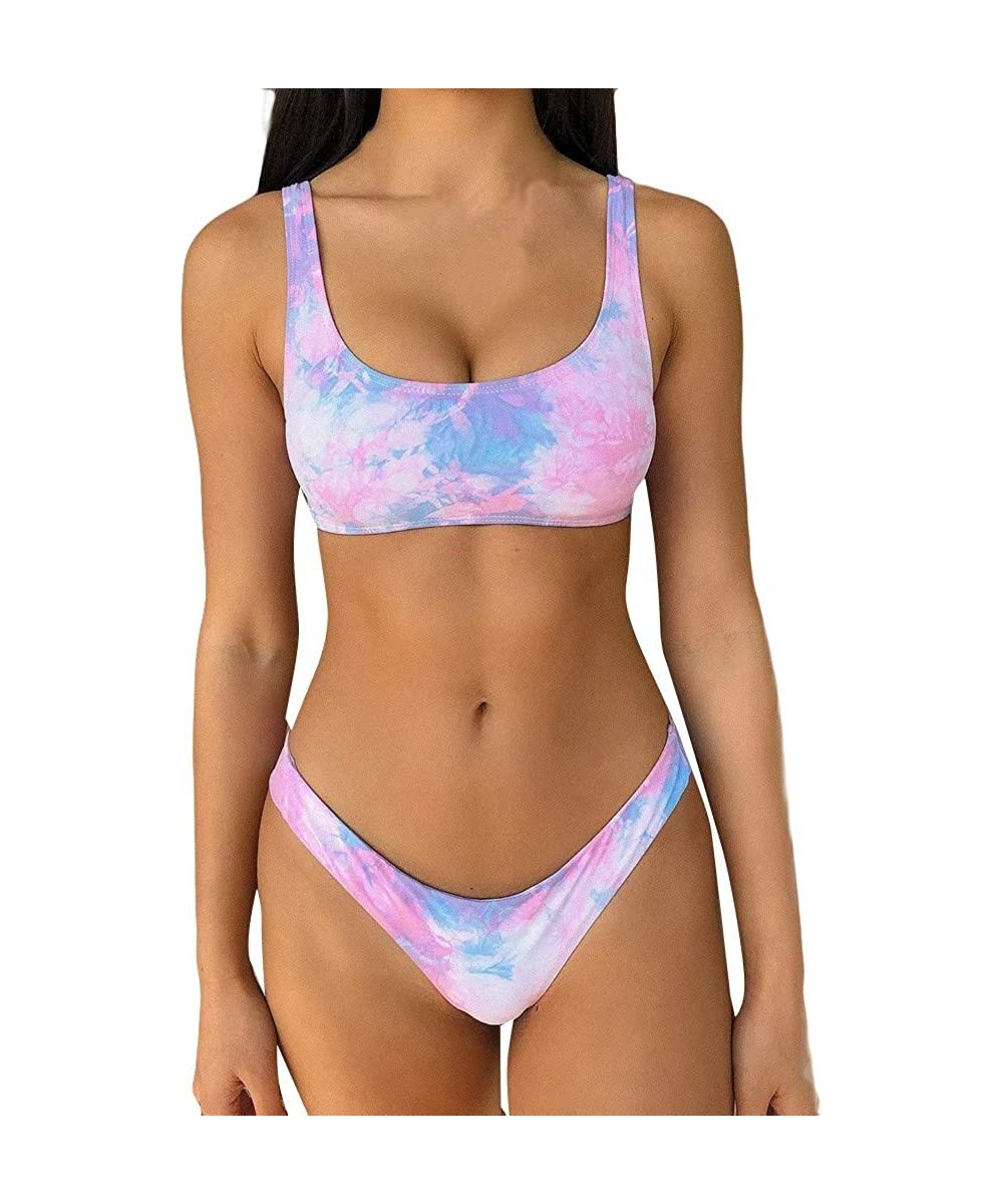 Women Tie-Dyed Sexy Push-Up Padded Bra Bikini Set Swimsuit Swimwer - Pink - CU199MYKM0Q $13.24-Sets