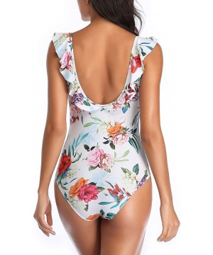 Women One Piece Swimsuit Ruffle Flounce Bathing Suit Deep V Neck Lace Up Swimwear - White Flower - CY195XWUI7X $20.68-One-Pieces