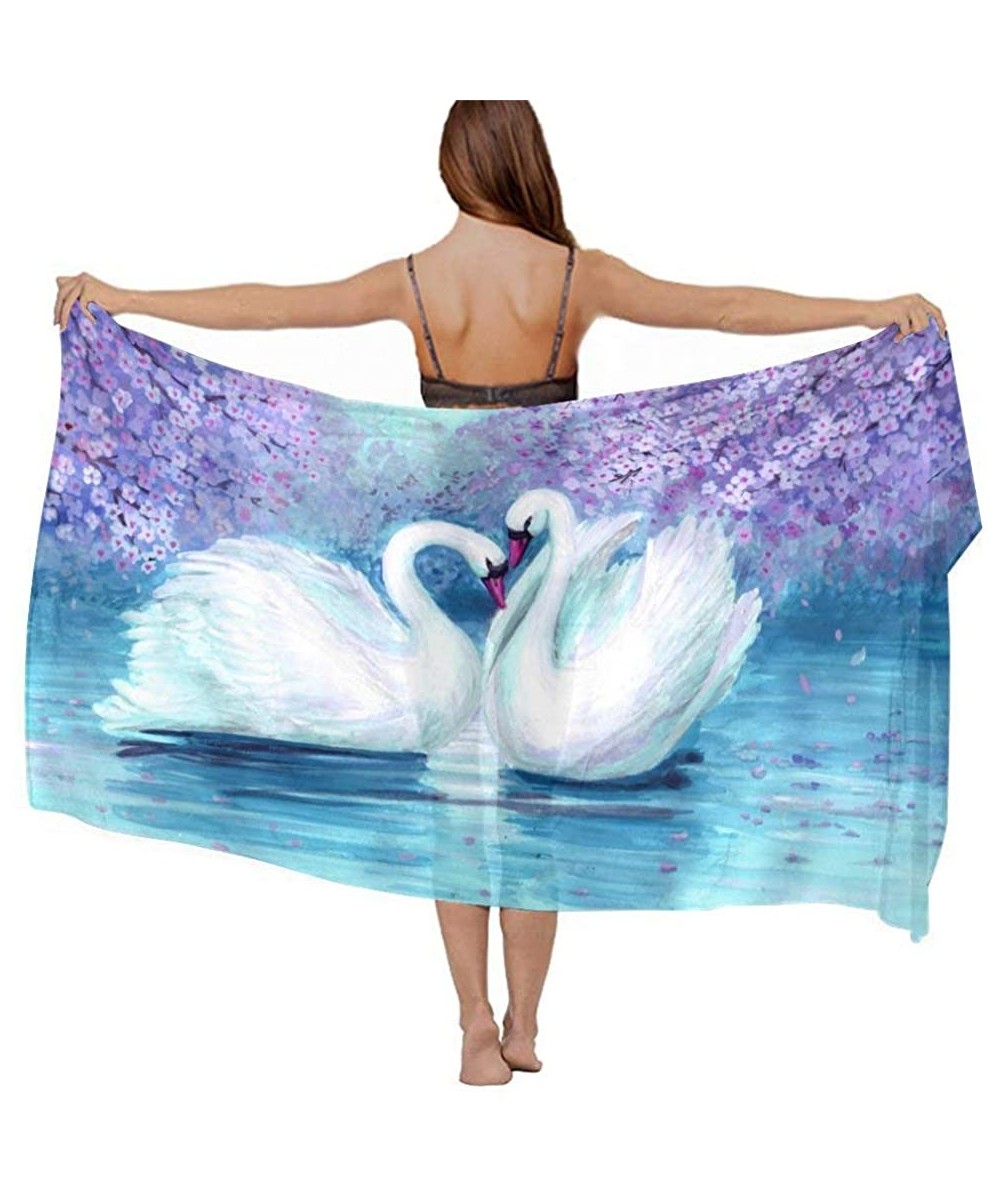 Women Chiffon Scarf Shawl Wrap Sunscreen Beach Swimsuit Bikini Cover Up Novel Watercolor Purple Landscape Swans Prints - CT19...