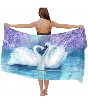 Women Chiffon Scarf Shawl Wrap Sunscreen Beach Swimsuit Bikini Cover Up Novel Watercolor Purple Landscape Swans Prints - CT19...