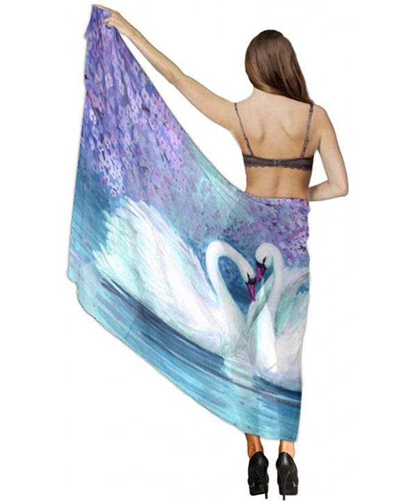 Women Chiffon Scarf Shawl Wrap Sunscreen Beach Swimsuit Bikini Cover Up Novel Watercolor Purple Landscape Swans Prints - CT19...