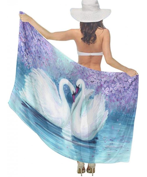 Women Chiffon Scarf Shawl Wrap Sunscreen Beach Swimsuit Bikini Cover Up Novel Watercolor Purple Landscape Swans Prints - CT19...