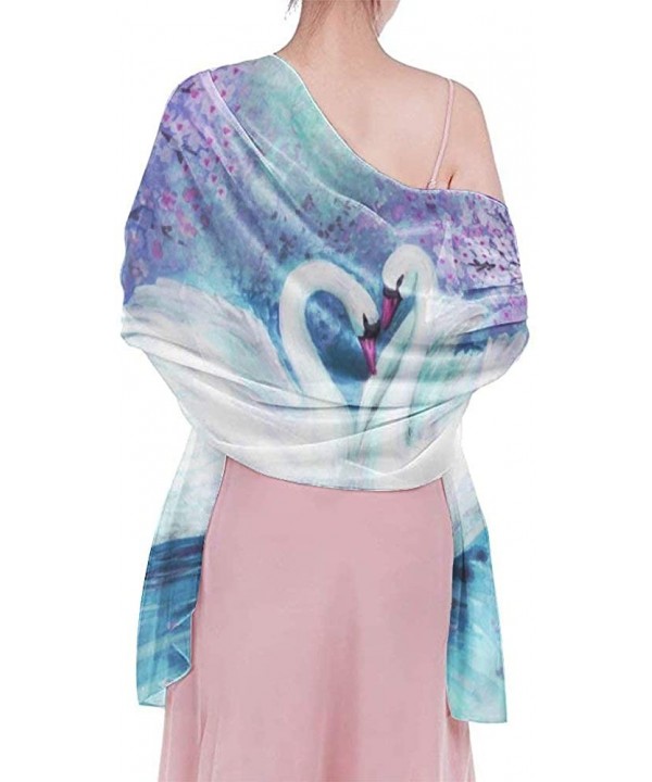 Women Chiffon Scarf Shawl Wrap Sunscreen Beach Swimsuit Bikini Cover Up Novel Watercolor Purple Landscape Swans Prints - CT19...