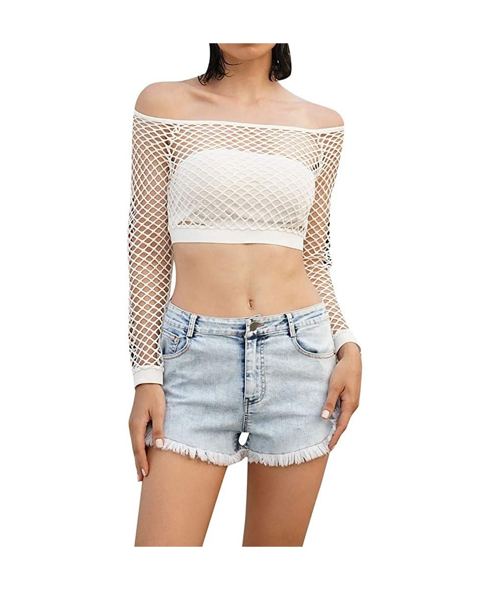 Women Long Sleeeve Crop Top Mesh Shirt Sheer See Through Beach Top Blouse S-XL - White - CJ197E9YDRM $8.18-Tops