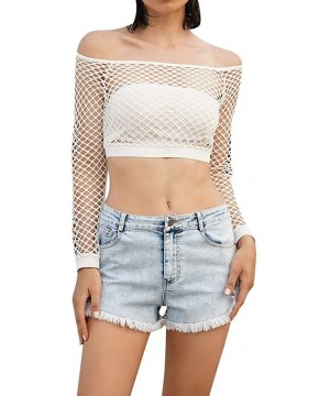 Women Long Sleeeve Crop Top Mesh Shirt Sheer See Through Beach Top Blouse S-XL - White - CJ197E9YDRM $8.18-Tops