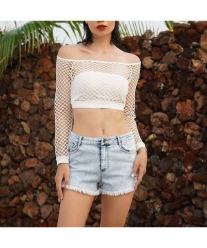 Women Long Sleeeve Crop Top Mesh Shirt Sheer See Through Beach Top Blouse S-XL - White - CJ197E9YDRM $8.18-Tops