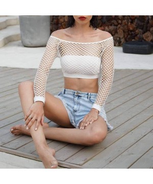 Women Long Sleeeve Crop Top Mesh Shirt Sheer See Through Beach Top Blouse S-XL - White - CJ197E9YDRM $8.18-Tops