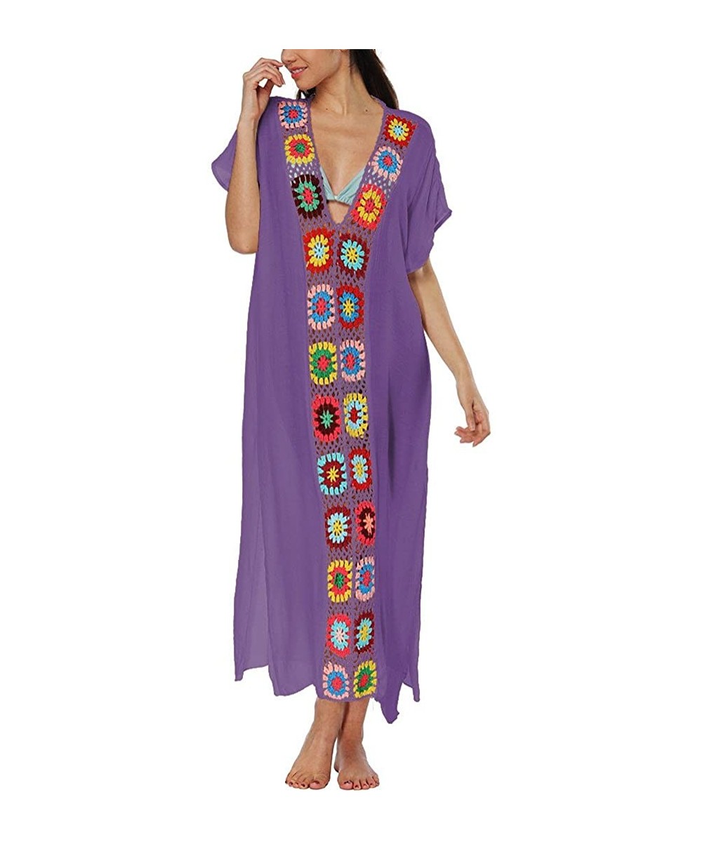 Kids Girls Swimsuit Beach Cover Up Tunic Top Crochet V-Neck Swim Dress for Women - Purple(women) - CA18E2L437A $21.08-Cover-Ups