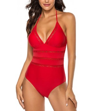 Womens Sexy Halter Plunge Monokini One Piece Swimsuit V Neck Hollow Out Bathing Suit - Red - CD1943ZIE79 $10.36-One-Pieces