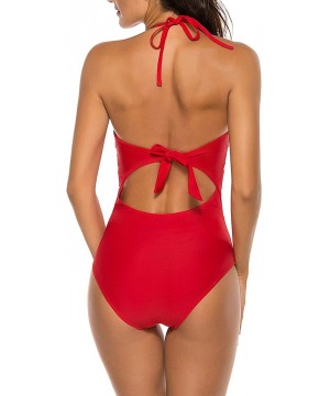 Womens Sexy Halter Plunge Monokini One Piece Swimsuit V Neck Hollow Out Bathing Suit - Red - CD1943ZIE79 $10.36-One-Pieces