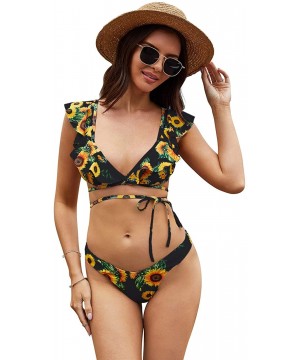 Women's Ruffle Two Piece High Waisted Swimsuits Push Up Tropical Print Bikini Sets - B Black - C8195ET38CC $13.27-Sets