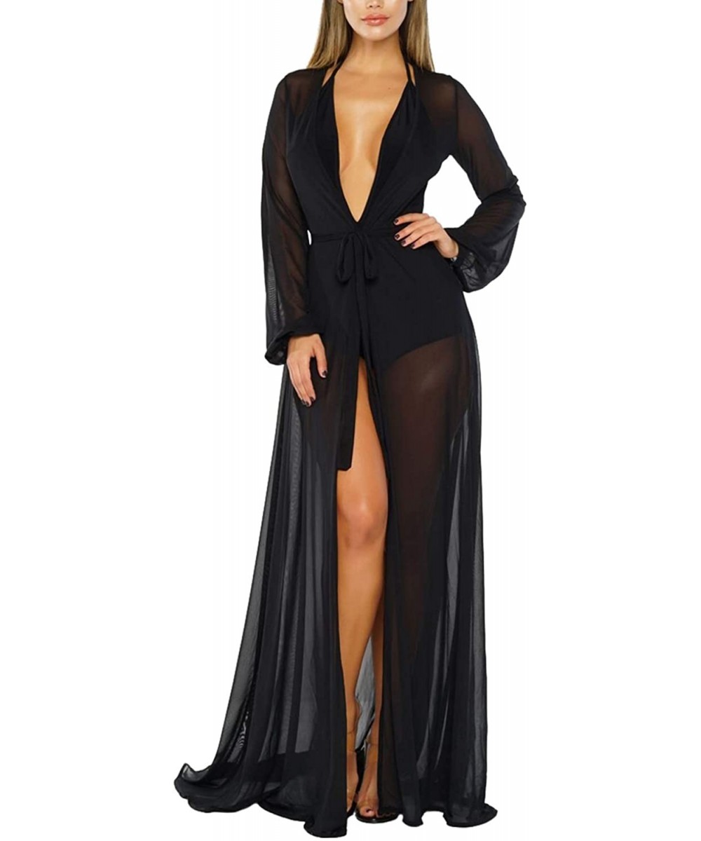 Women's Sexy Thin Mesh Long Sleeve Tie Front Swimsuit Swim Beach Maxi Cover Up Dress - Black - CW18RRUMK4I $29.15-Cover-Ups