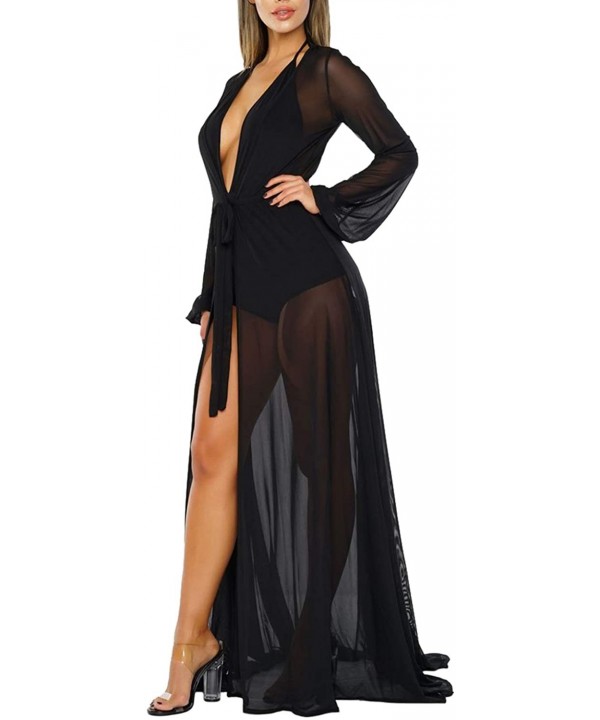 Women's Sexy Thin Mesh Long Sleeve Tie Front Swimsuit Swim Beach Maxi Cover Up Dress - Black - CW18RRUMK4I $29.15-Cover-Ups