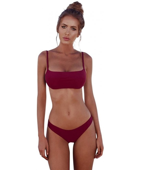 Women Two Piece Swimsuit Sport Bikini Scoop Neck Halter Bandeau Top High Cut Cheeky Thong Bathing Suit Swimwear Winered - CI1...