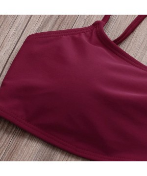 Women Two Piece Swimsuit Sport Bikini Scoop Neck Halter Bandeau Top High Cut Cheeky Thong Bathing Suit Swimwear Winered - CI1...