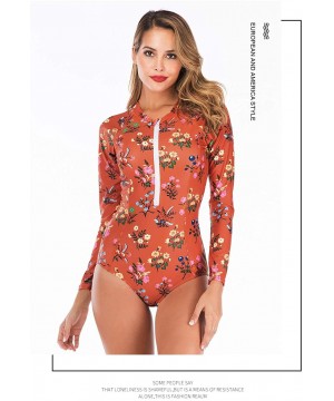 Women's One Piece Swimsuits Zip up Floral Long Sleeve Rash Guard Swimwear - Orange-3 - CD185NZ5I3G $32.37-Rash Guards