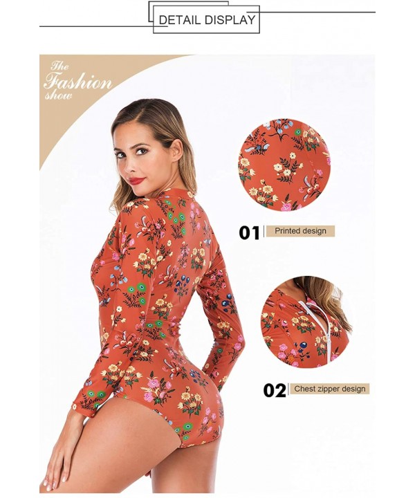 Women's One Piece Swimsuits Zip up Floral Long Sleeve Rash Guard Swimwear - Orange-3 - CD185NZ5I3G $32.37-Rash Guards